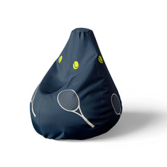 A left side image of a navy beanbag with tennis rackets and balls print on a white background.