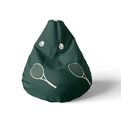 A front view image of a green beanbag with tennis rackets and balls print on a white background.