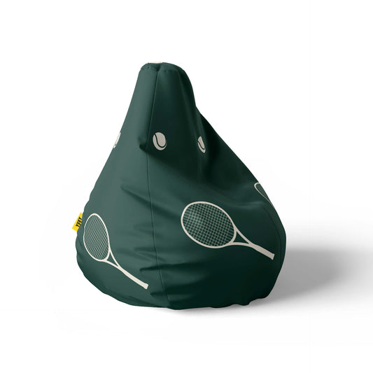 A right side image of a green beanbag with tennis rackets and balls print on a white background.