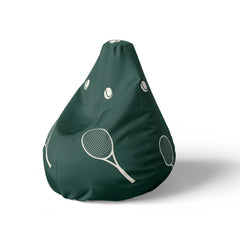 A left side image of a green beanbag with tennis rackets and balls print on a white background.