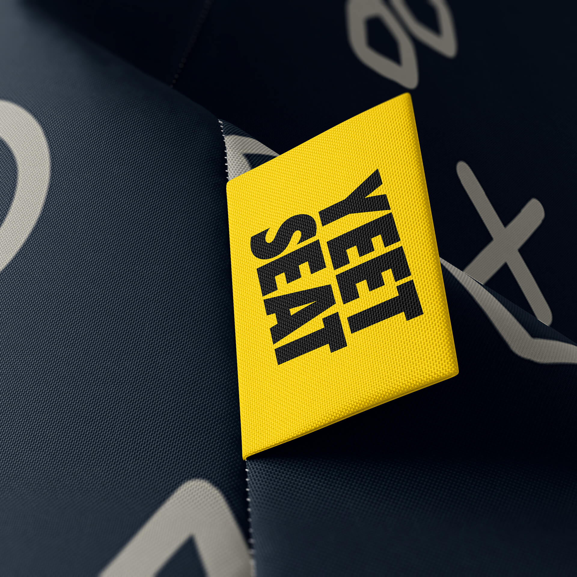A vibrant Yeet Seat label on a bean bag side