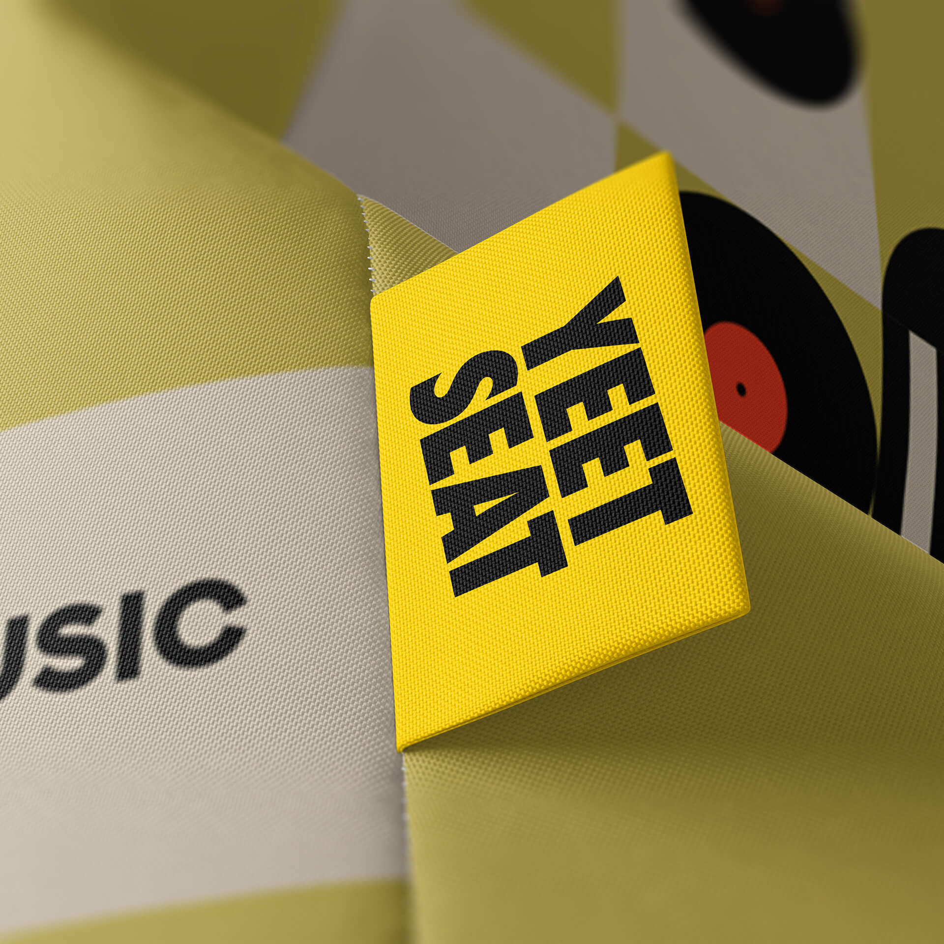 A vibrant Yeet Seat label on a bean bag side.