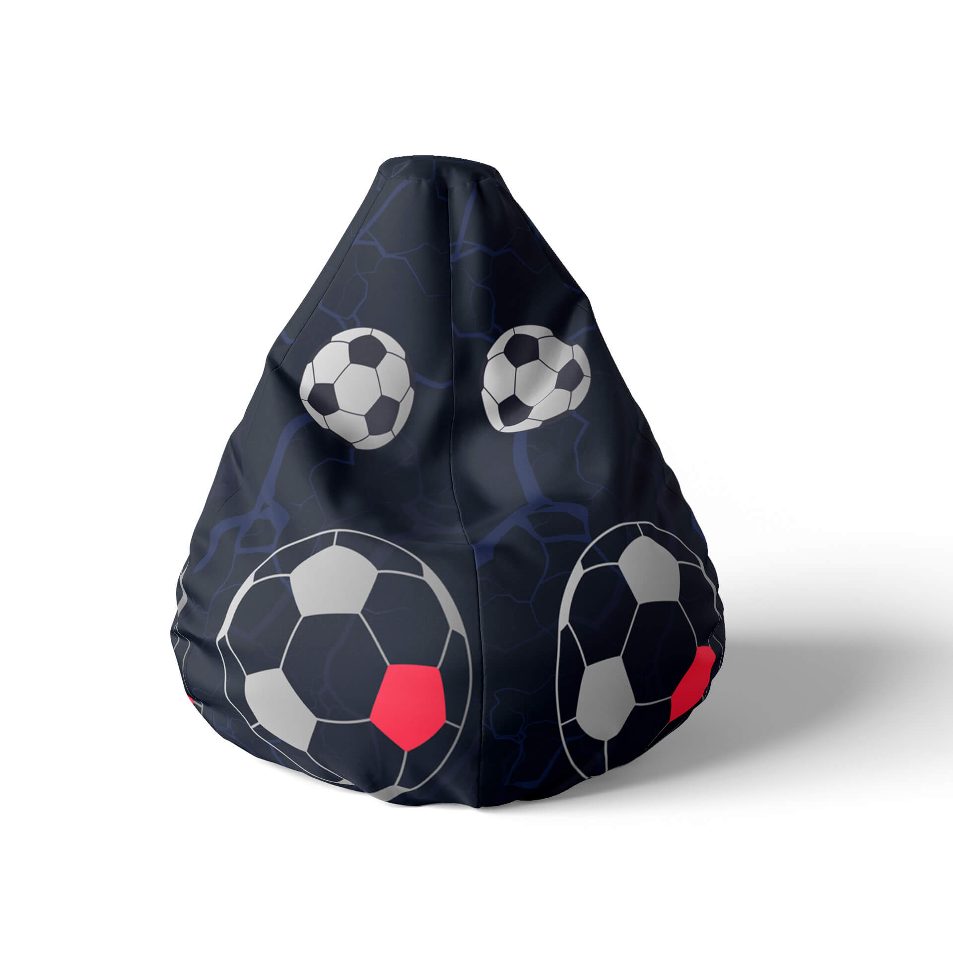 A front view image of a navy beanbag with soccer balls design on a white background.