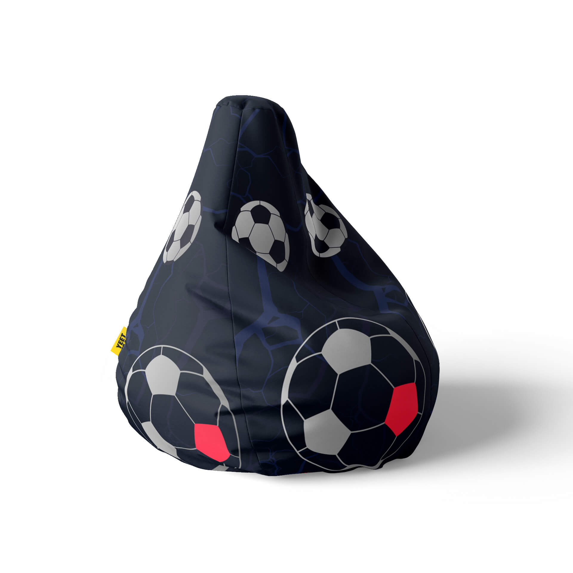A right side image of a navy beanbag with soccer balls design on a white background.