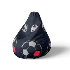 A left side image of a navy beanbag with soccer balls design on a white background.