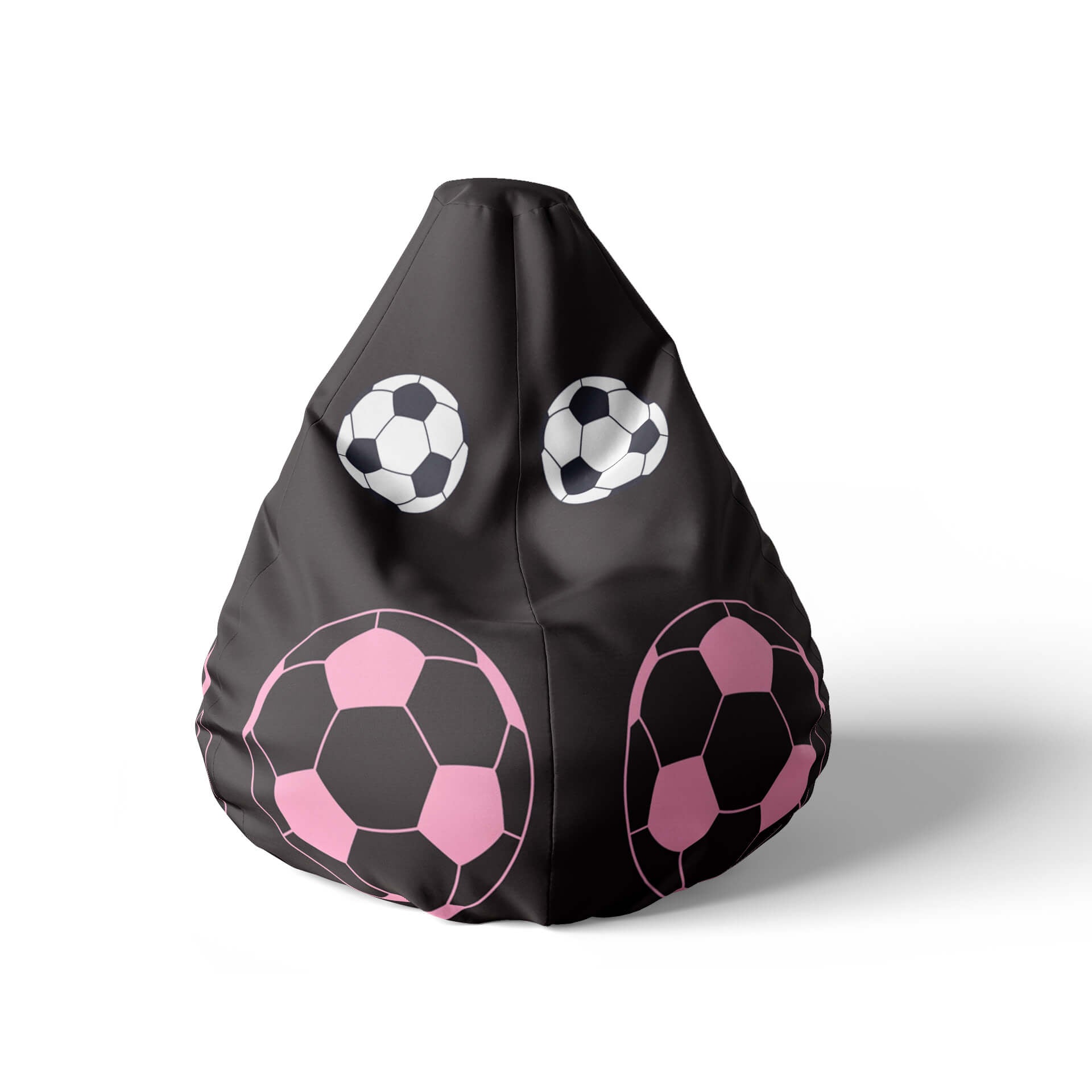 A front view image of a black beanbag with pink and white soccer balls design on a white background.