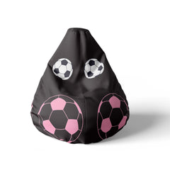 A front view image of a black beanbag with pink and white soccer balls design on a white background.