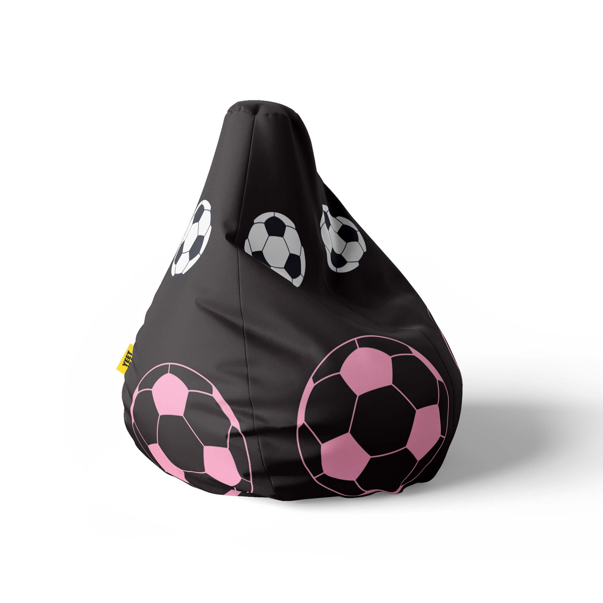 A right side image of a black beanbag with pink and white soccer balls design on a white background.