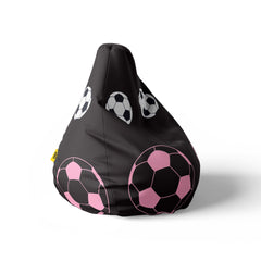 A right side image of a black beanbag with pink and white soccer balls design on a white background.