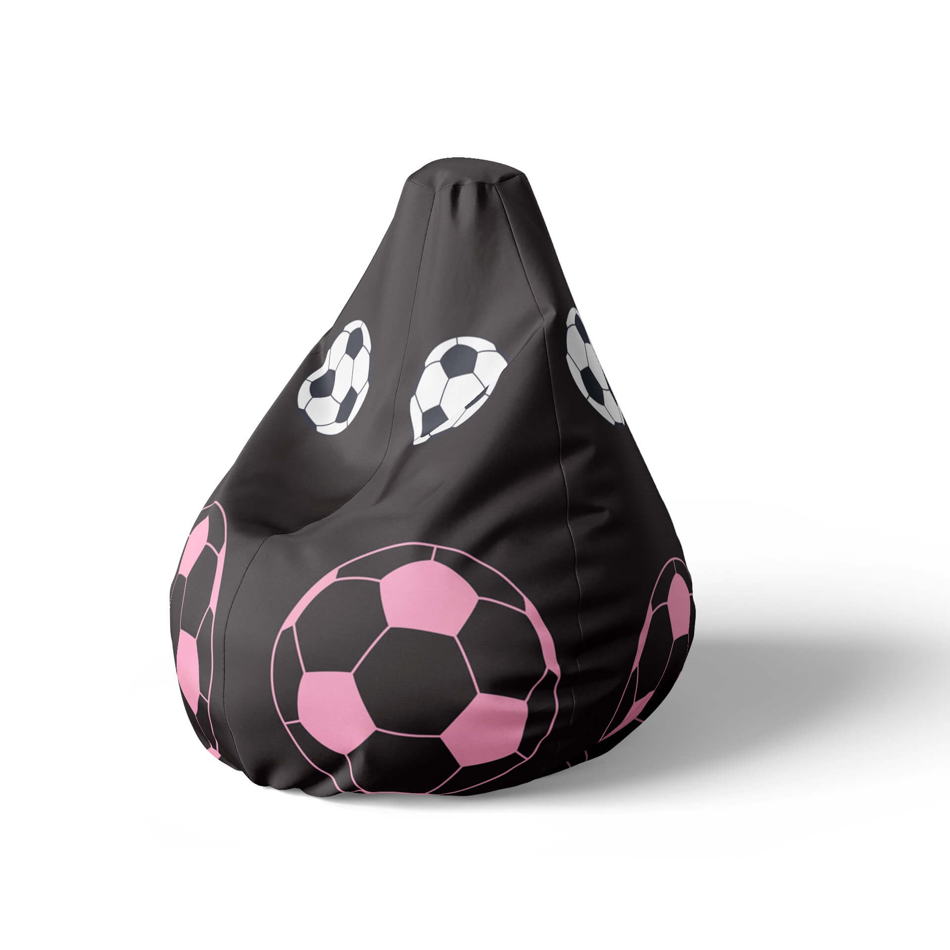 A left side image of a black beanbag with pink and white soccer balls design on a white background.