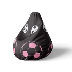 A left side image of a black beanbag with pink and white soccer balls design on a white background.