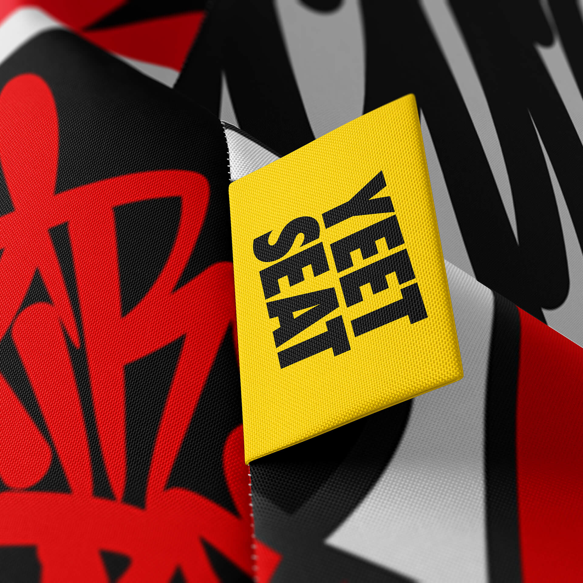 A vibrant Yeet Seat label on a bean bag side