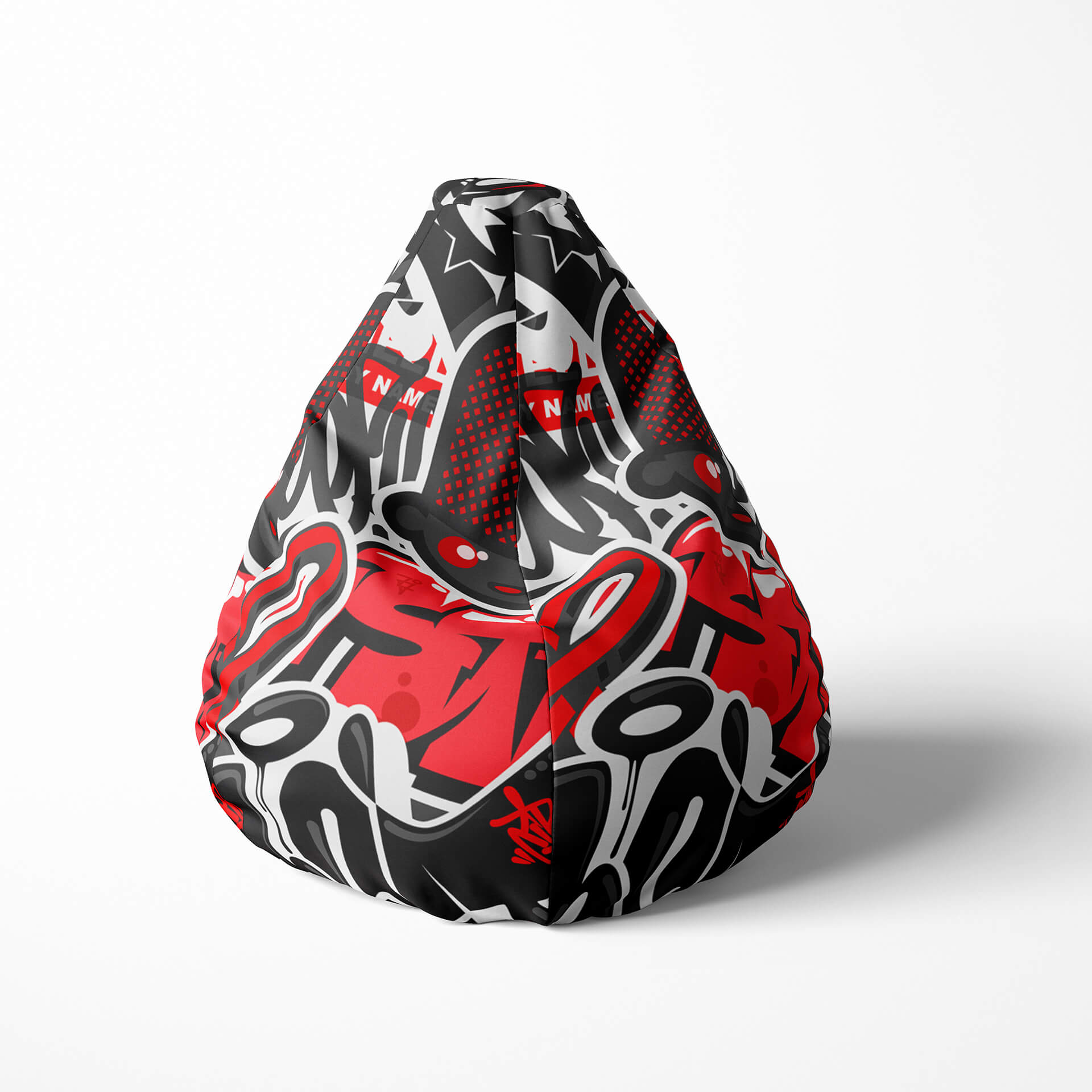 Front image of a beanbag with bold red, black, and white graffiti-style design.
