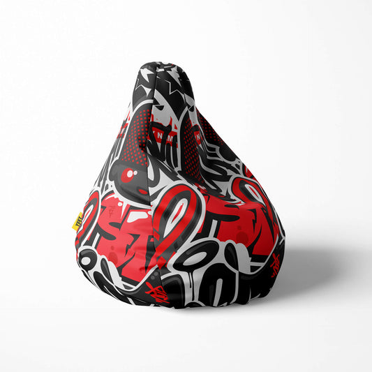 Right image of a beanbag with bold red, black, and white graffiti-style design.