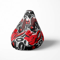 Left image of a beanbag with bold red, black, and white graffiti-style design.