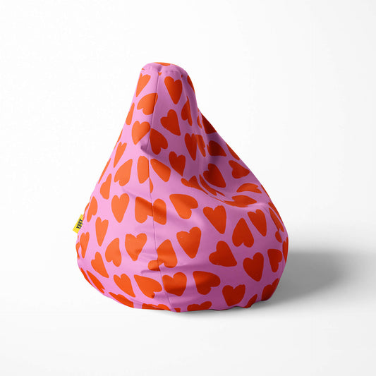 A right image of a pink and red heart beanbag on a white background