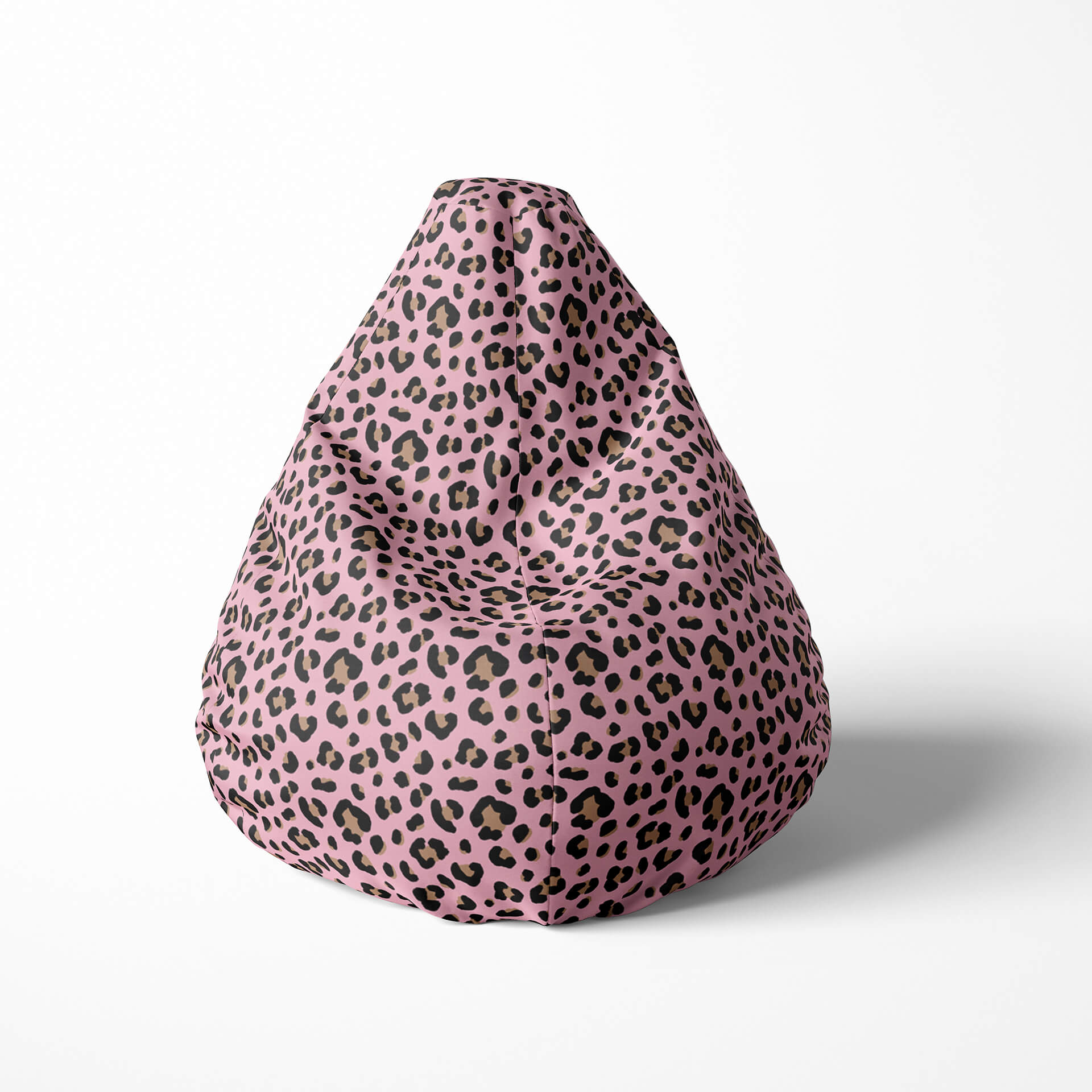 A front image of a pink feline print beanbag on a white background