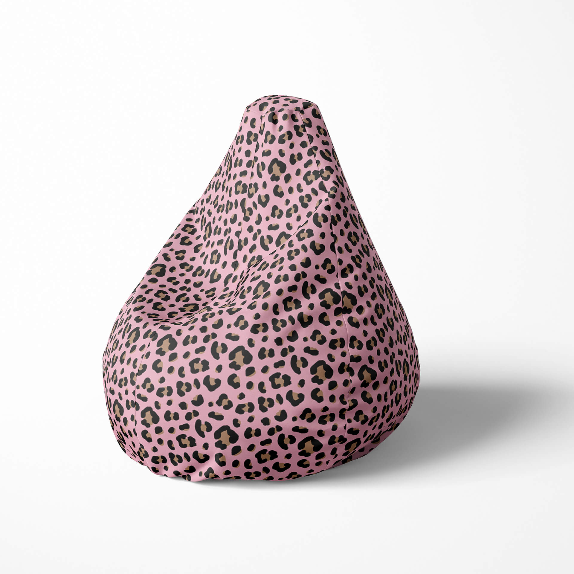 A left side image of a pink feline print beanbag on a white background