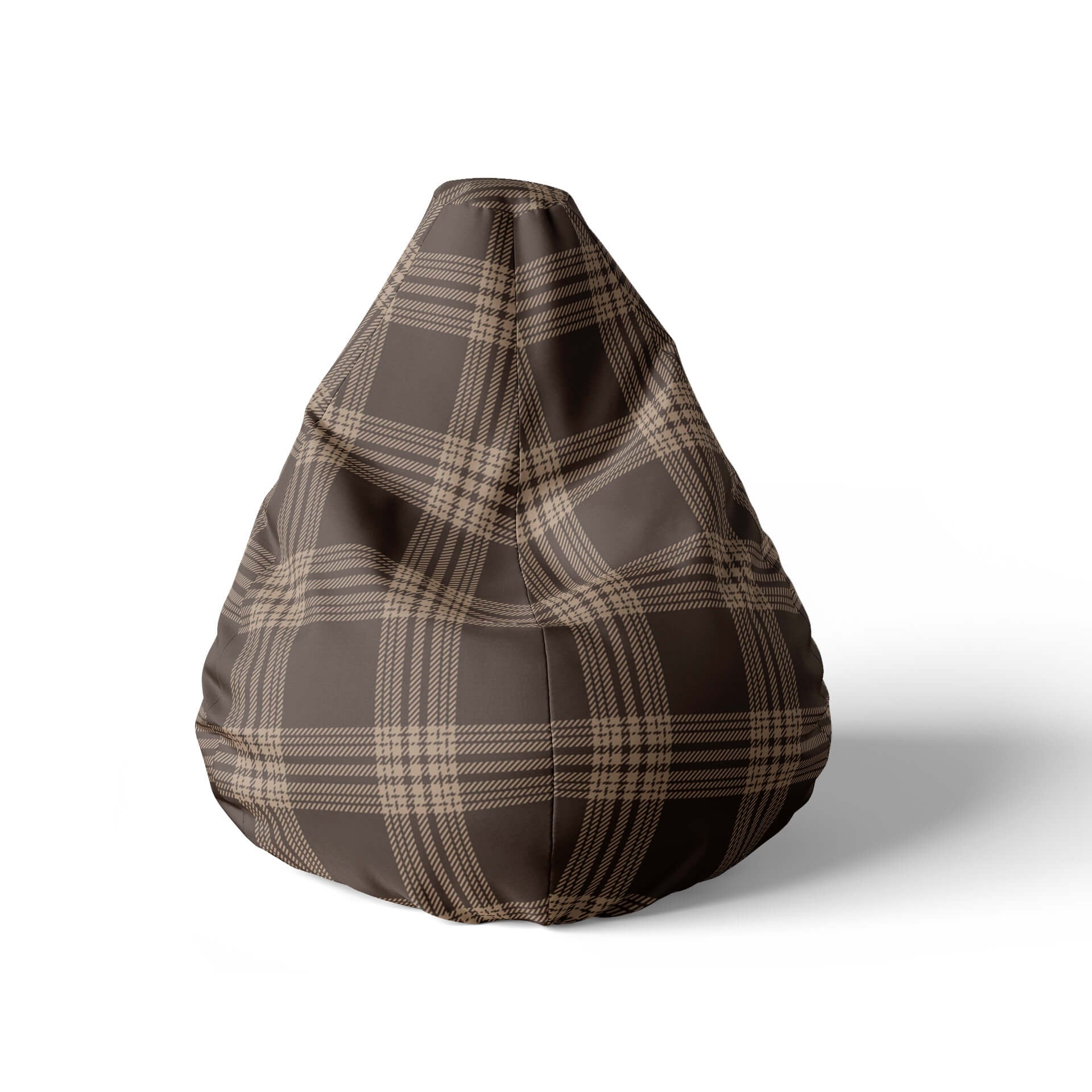 A front view image of a brown plaid-patterned beanbag on a white background.