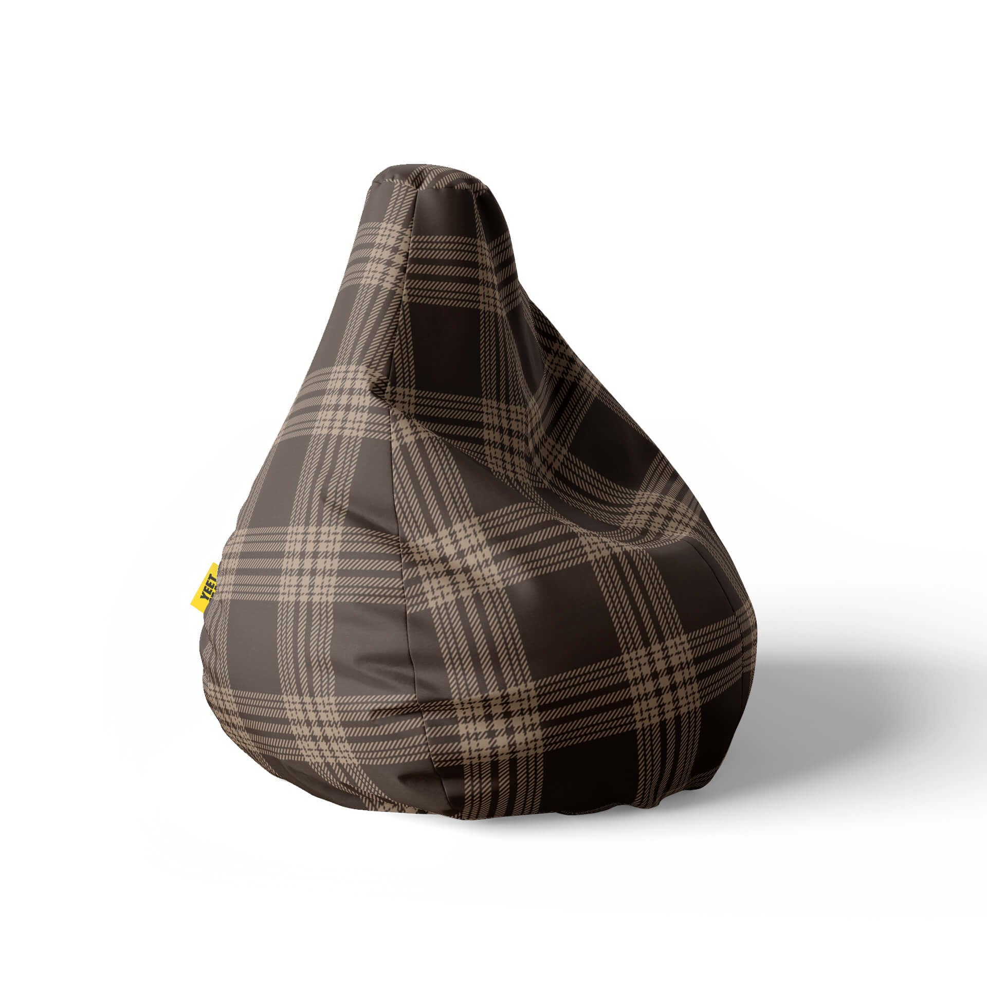 A right side image of a brown plaid-patterned beanbag on a white background.