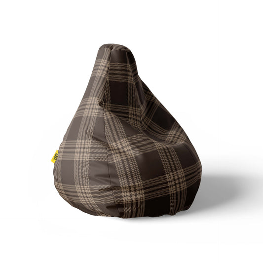 A right side image of a brown plaid-patterned beanbag on a white background.