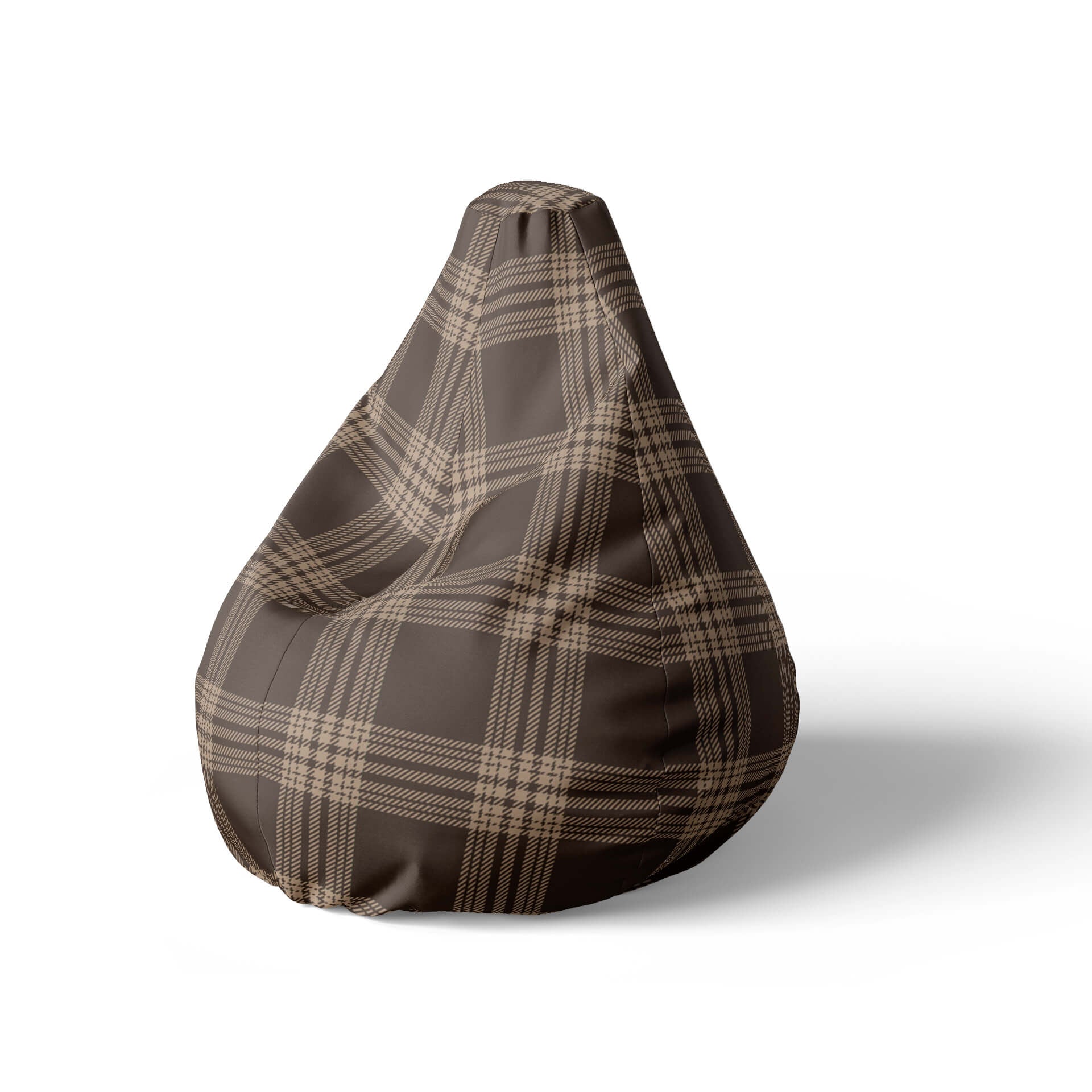 A left side image of a brown plaid-patterned beanbag on a white background.