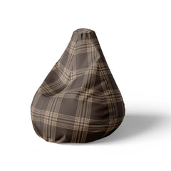 A left side image of a brown plaid-patterned beanbag on a white background.