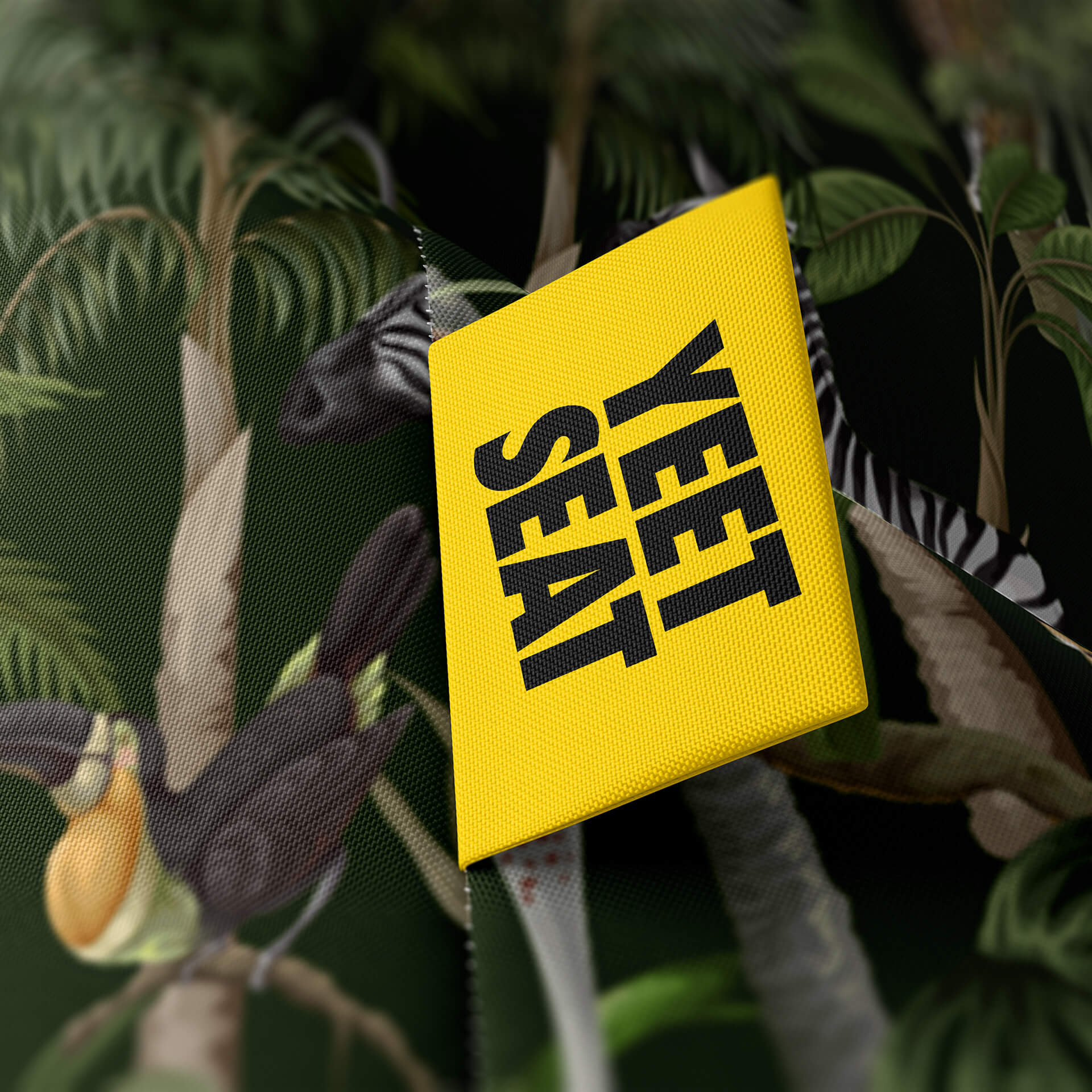 A vibrant Yeet Seat label on a bean bag side