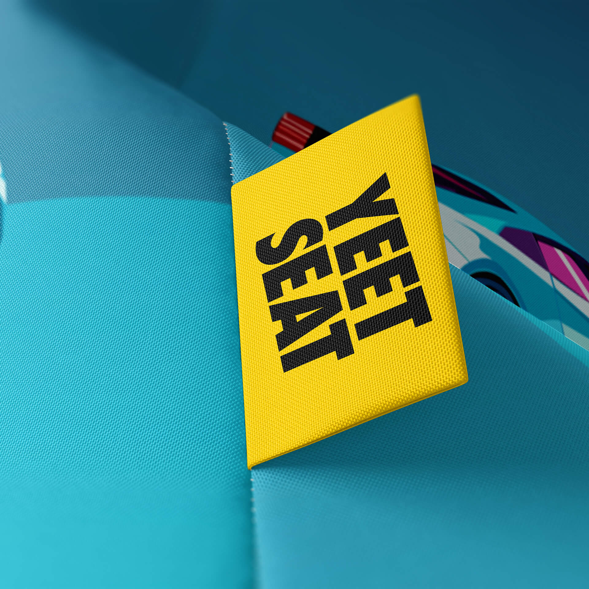 A vibrant Yeet Seat label on a bean bag side.