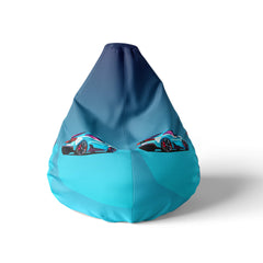 A front view image of a blue beanbag with car graphics on a white background.