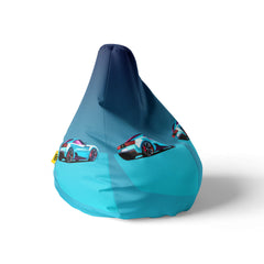 A right side image of a blue beanbag with car graphics on a white background.
