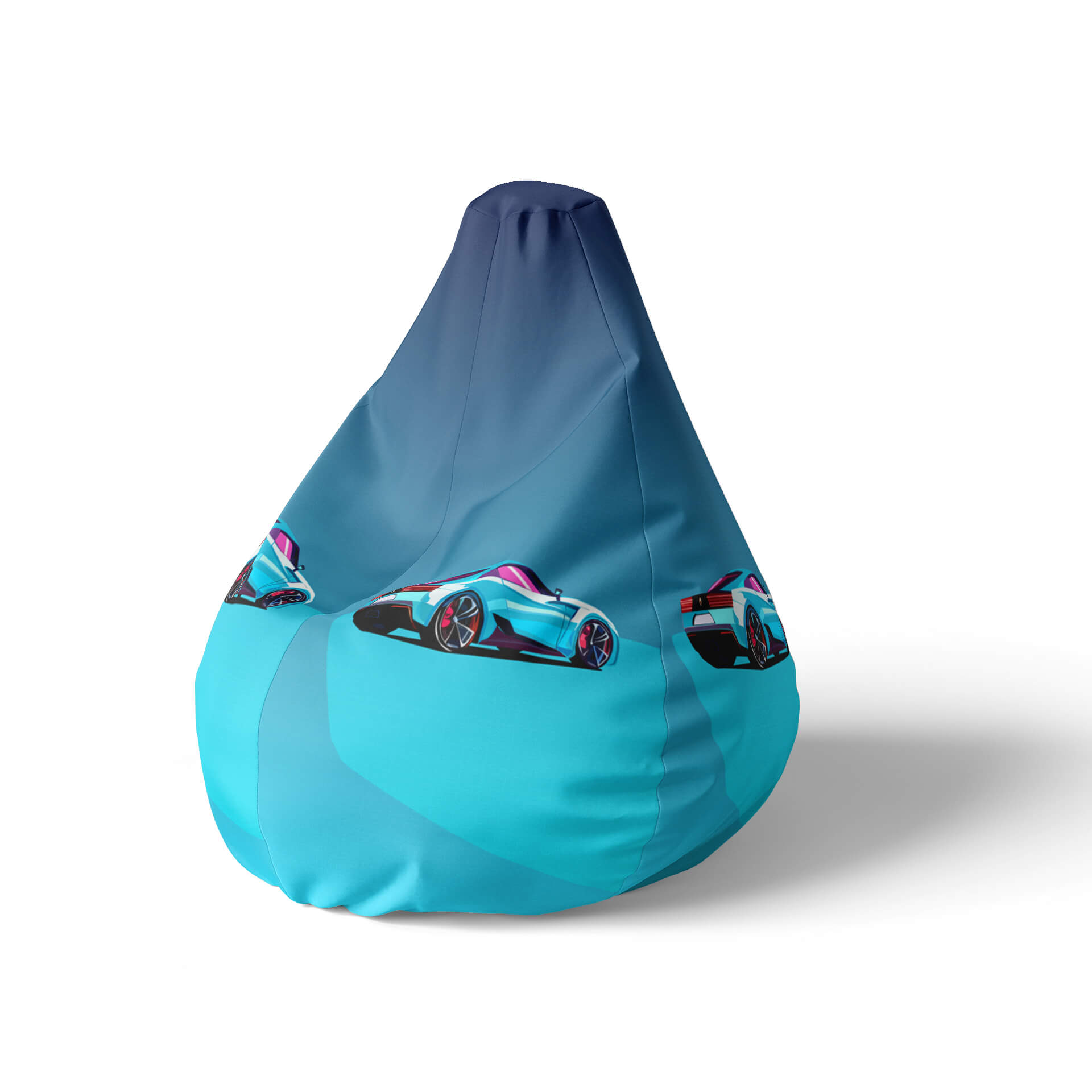 A left side image of a blue beanbag with car graphics on a white background.