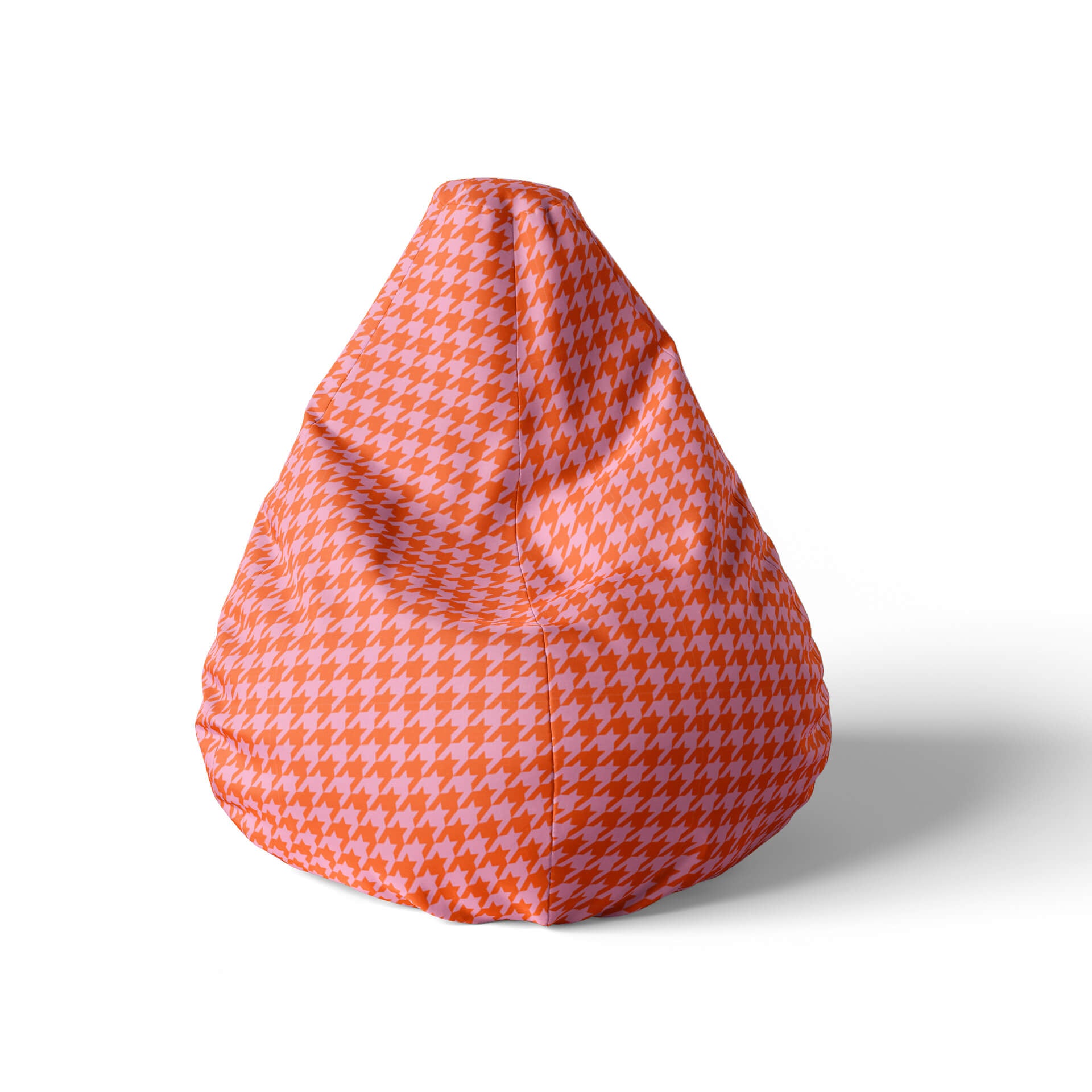 A front view image of a beanbag with red and pink houndstooth pattern on a white background.