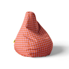 A right side image of a beanbag with red and pink houndstooth pattern on a white background.