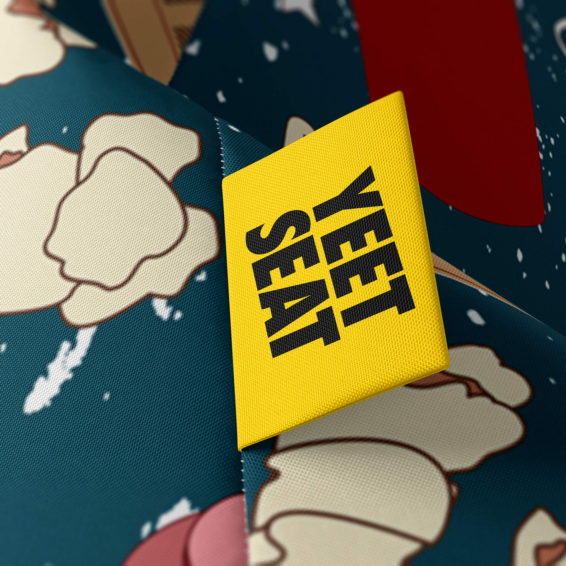 A vibrant Yeet Seat label on a bean bag side