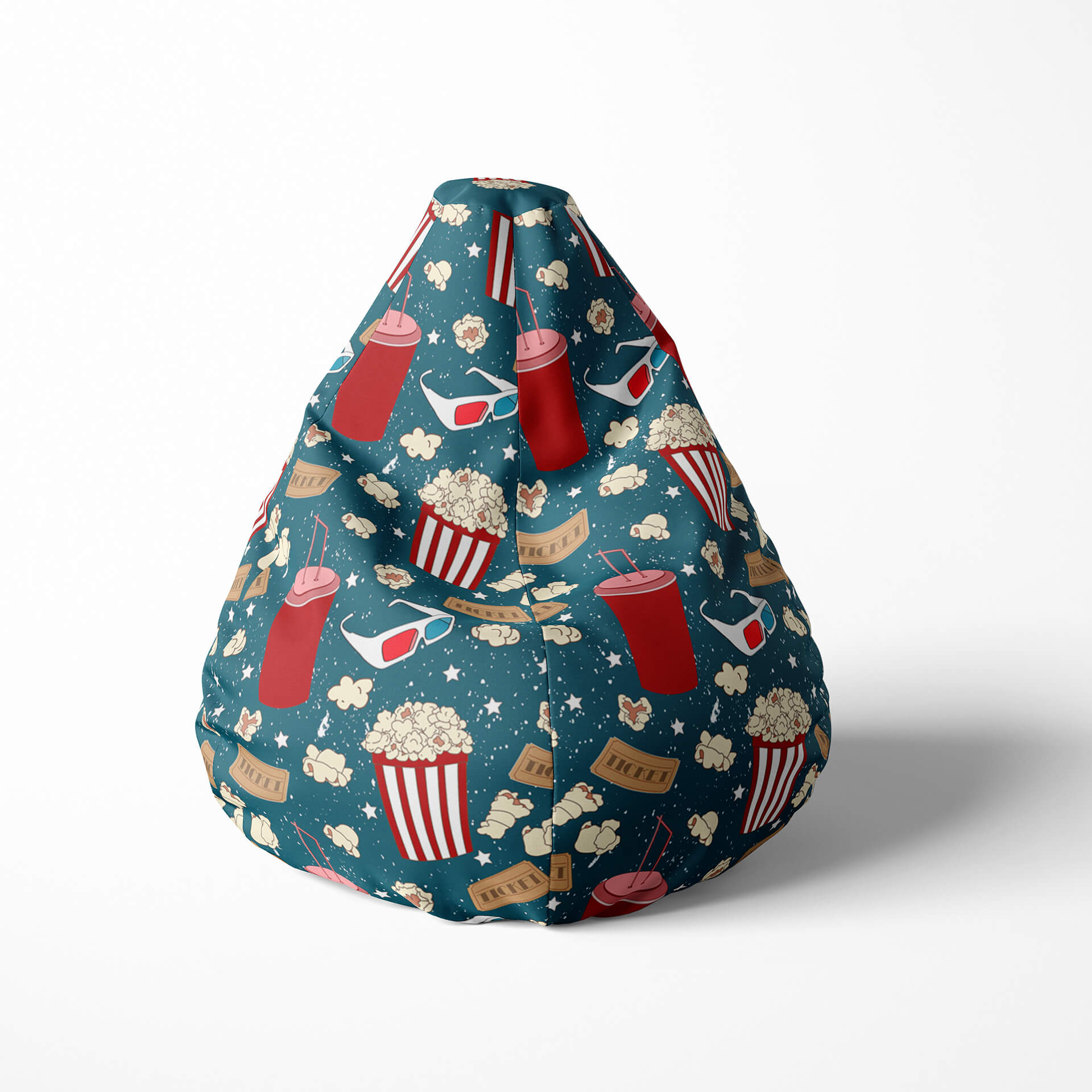 Front image of a beanbag with popcorn and movie-themed pattern.