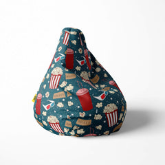 Right image of a beanbag with popcorn and movie-themed pattern.