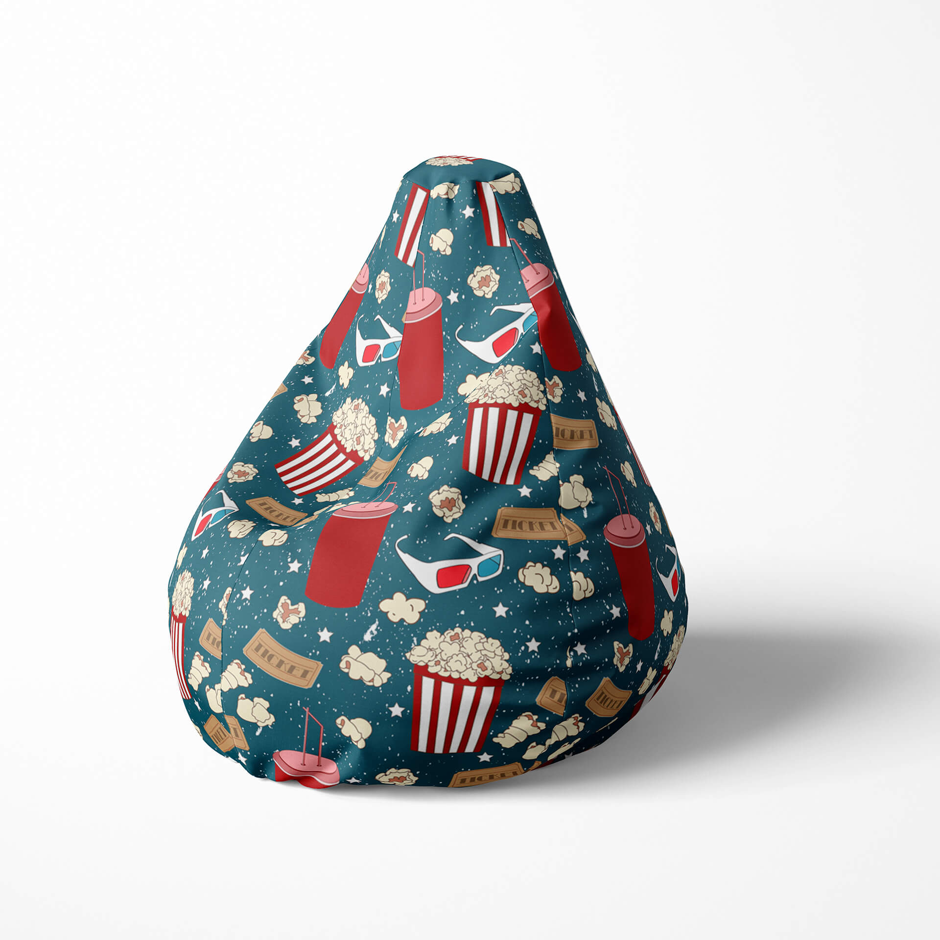 Left image of a beanbag with popcorn and movie-themed pattern.