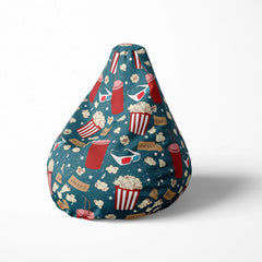 Left image of a beanbag with popcorn and movie-themed pattern.