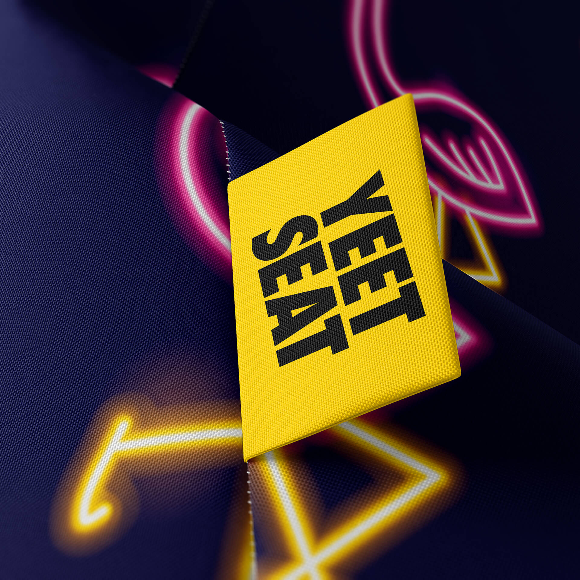 A vibrant Yeet Seat label on a bean bag side