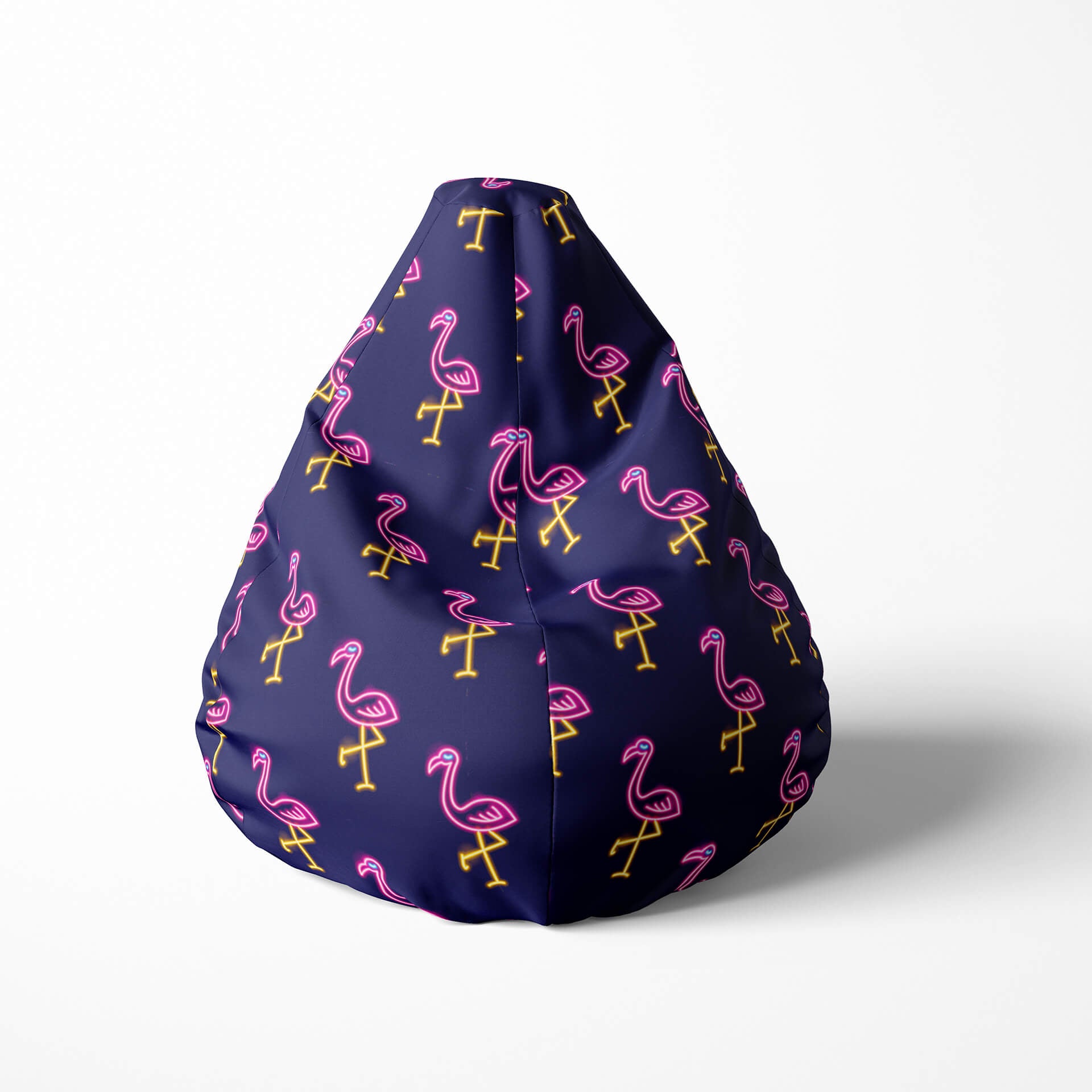 A front image of a blue neon flamingoes beanbag on a white background