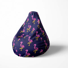 A left image of a blue neon flamingoes beanbag on a white background
