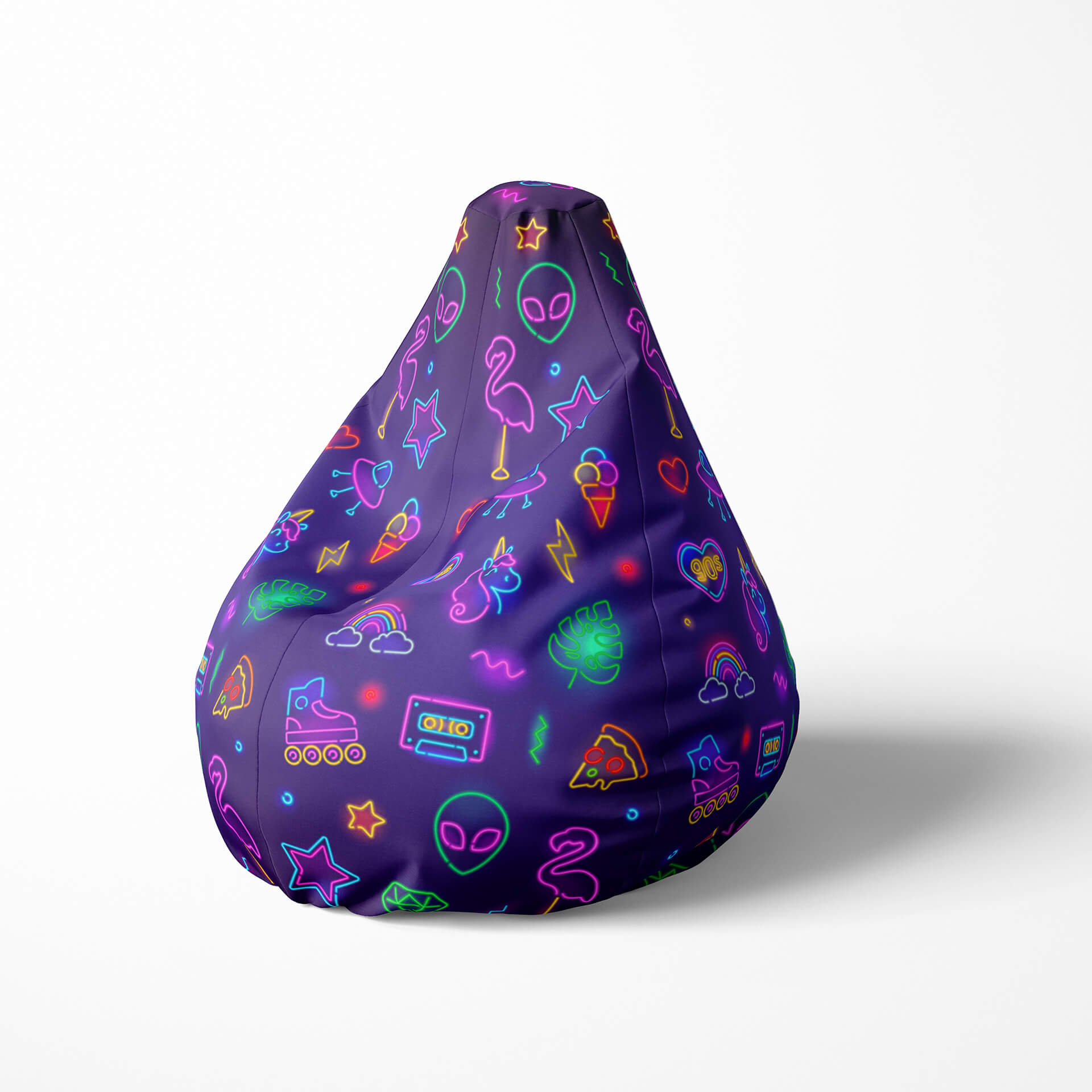 A left side image of a blue neon retro beanbag on a white background