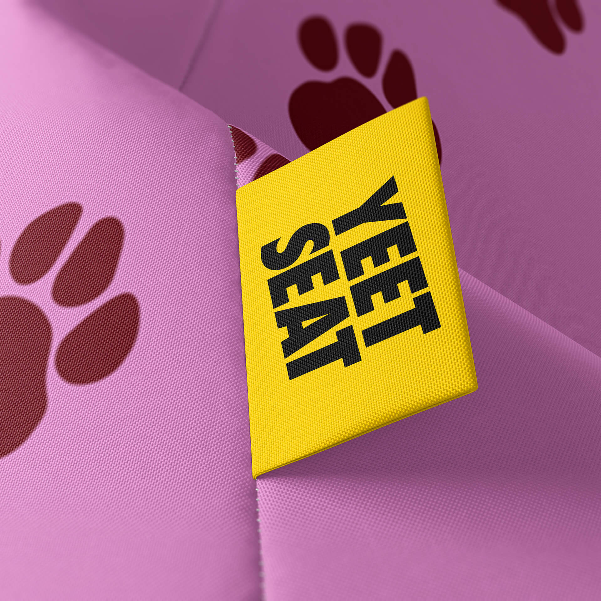 A vibrant Yeet Seat label on a bean bag side