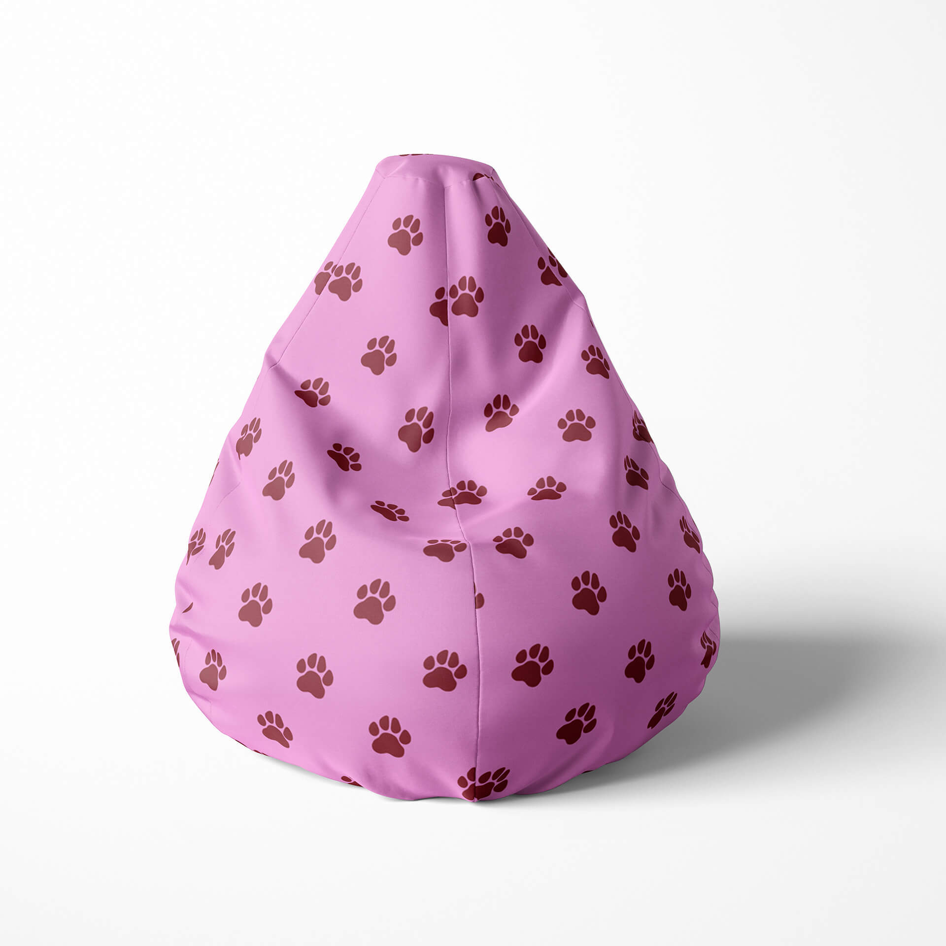 Front image of a beanbag with pink background and brown paw print pattern.