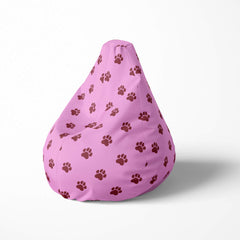 Left image of a beanbag with pink background and brown paw print pattern.