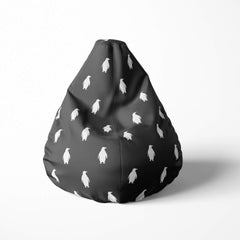 Front image of a beanbag with black background and white penguin silhouettes.