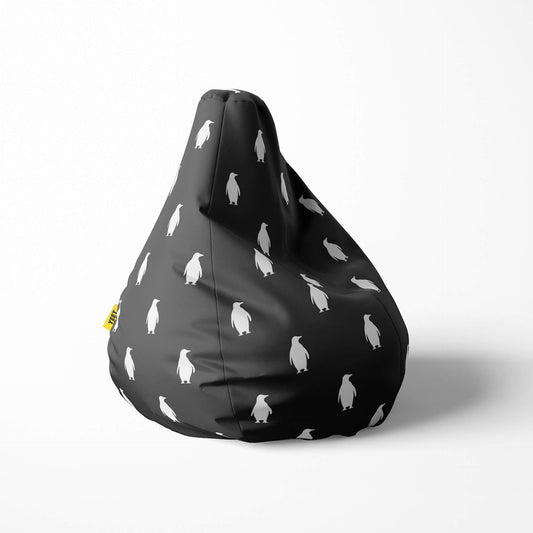 Right image of a beanbag with black background and white penguin silhouettes.