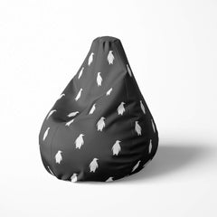 Left image of a beanbag with black background and white penguin silhouettes.