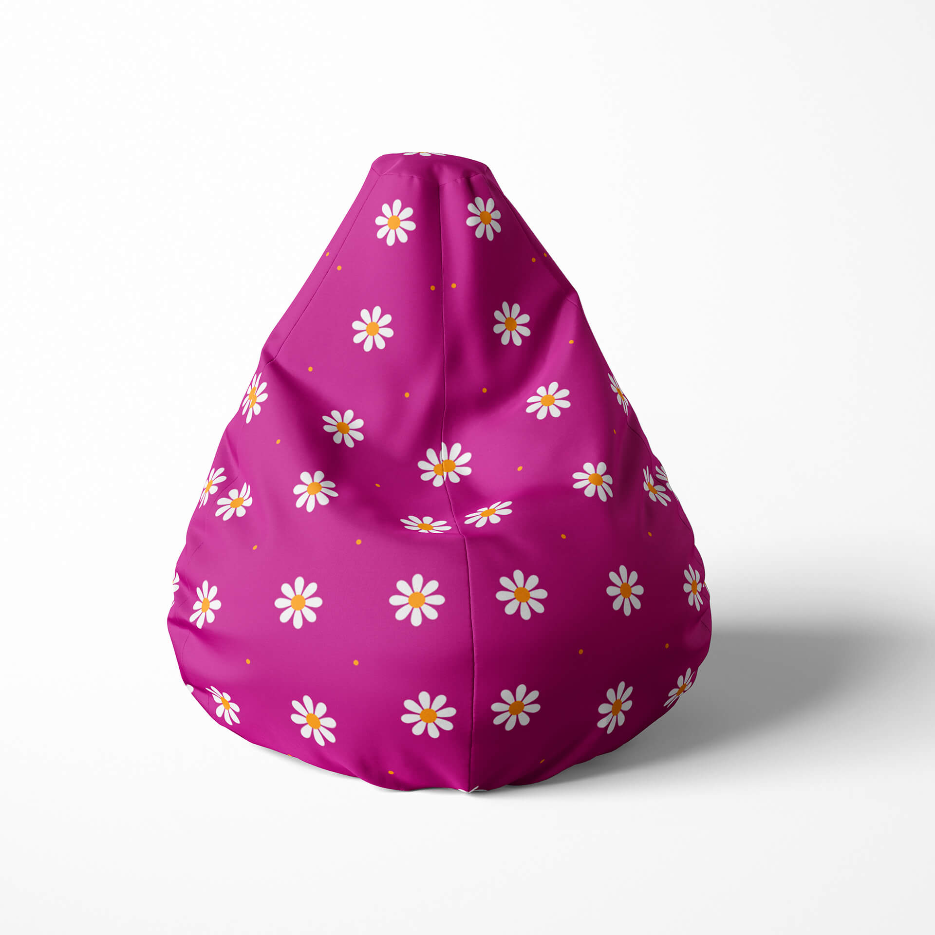 A front image of a white and pink floral beanbag on a white background